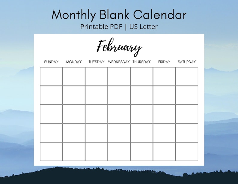 May include: A blank monthly calendar template for February. The calendar is in a white box with a black border and gray grid lines. The days of the week are listed across the top: Sunday, Monday, Tuesday, Wednesday, Thursday, Friday, Saturday.