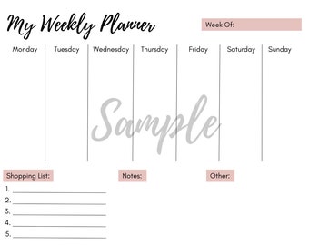 Minimalist Weekly Planner | PDF Downloadable Printable | Weekly Planner Printable Landscape | Week At a Glance | Shopping List | Notes