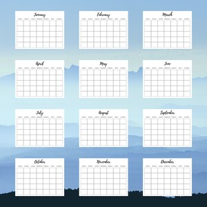 May include: A printable calendar template with a white background and black text. The calendar is divided into 12 months, with each month having its own page. The months are labeled with the month name in a handwritten font. Each month has a grid of 7 columns and 6 rows, with the days of the week labeled at the top of each column. The calendar is perfect for planning and organizing your year.