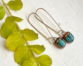 Teal and Gold Ceramic Drop Earrings on Kidney Wires