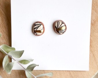 Ceramic Stud Earrings With Botanical Patterns and Gold Luster