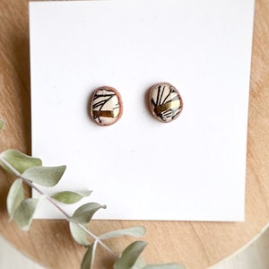 Ceramic Stud Earrings With Botanical Patterns and Gold Luster image 1