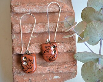 Tiny Branches Drop Earrings, Sterling Silver Ear Hooks, Silver Luster, Ceramic, Red Earthenware