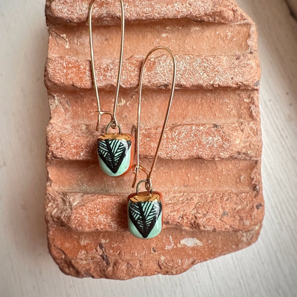 Delicate Ceramic Dangle Earrings With Detailed Black & Teal Patterns