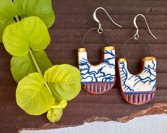 Navy floral and cream ceramic earrings with 14k hooks