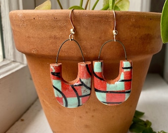 Strawberries and mint ceramic earrings with 14k hooks