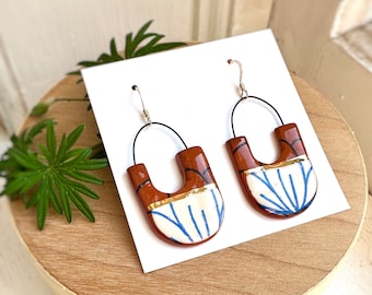 Blue and cream petals, ceramic earrings with 14k hooks