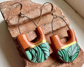 Feathers and Teal, Ceramic Dangle Earrings