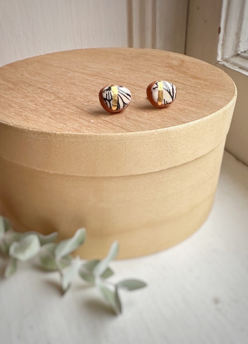 Ceramic Stud Earrings With Botanical Patterns and Gold Luster image 4