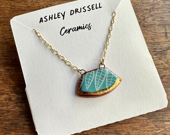 Tiny Leaves and Teal Ceramic Pendant Necklace