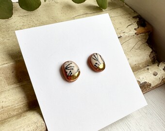 Tiny Black Branches on Cream Ceramic Stud Earrings with Gold Luster