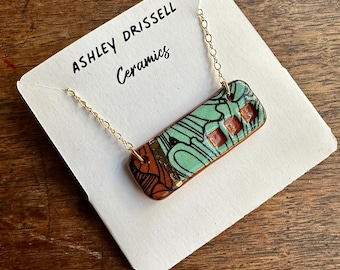 Hibiscus and Teal Ceramic Pendant Necklace