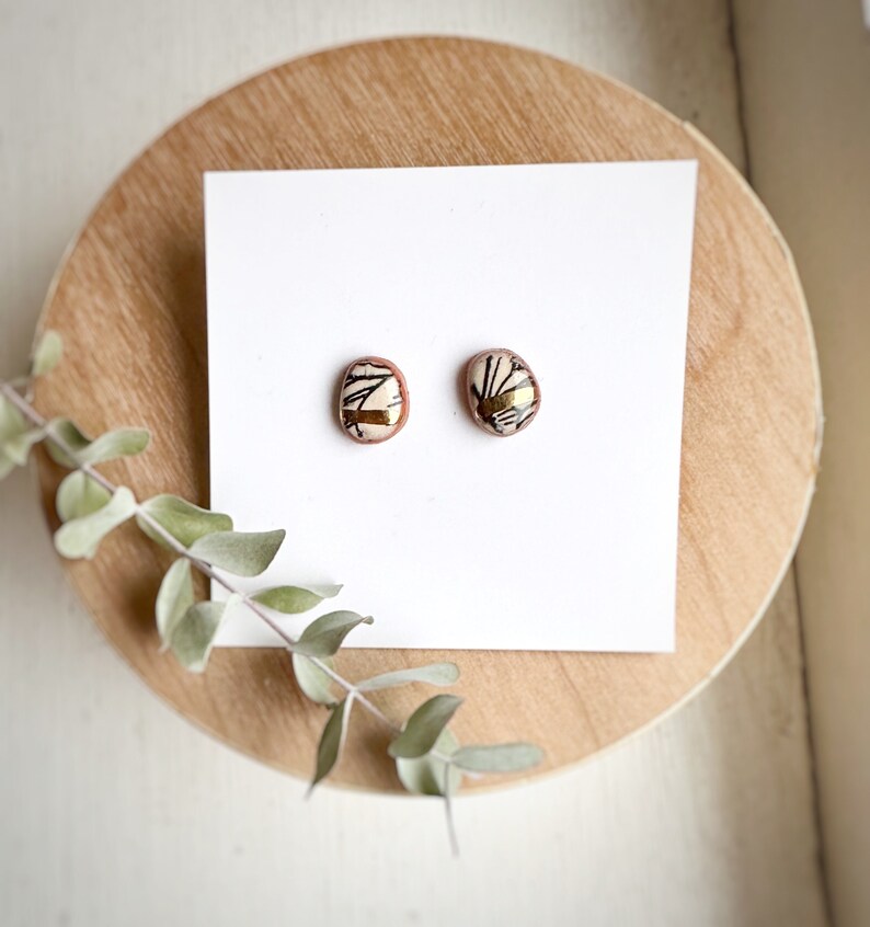 Ceramic Stud Earrings With Botanical Patterns and Gold Luster image 1