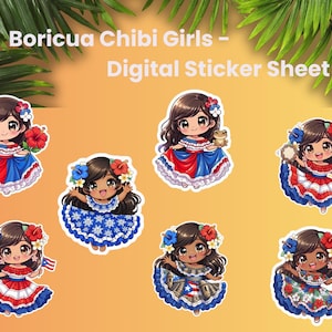 May include: Digital sticker sheet showing seven chibi girls in traditional Puerto Rican dresses. Each girl has dark hair and is decorated with flowers. The dresses are red, white, and blue, with some holding Puerto Rican flags or other cultural items.