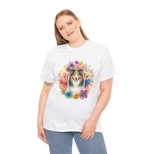Sheltie Blumen Mandala Baumwolle T-Shirt - Süßes Hunde Liebhaber Geschenk - Bunt Shetland Sheepdog Tee - Unisex Casual Dog Mom Top
