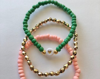 Little girls stack bracelet set | Girls name bracelet set | Kids name bracelets | Pink and green kids bracelets | Toddler bracelet set