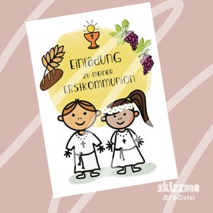 May include: Invitation to a First Communion with a yellow background and two children in white dresses holding hands. The text reads "Einladung zu meiner ERSTKOMMUNION".