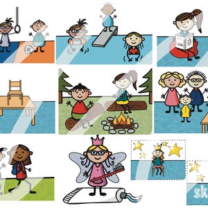 Kindergarten Sketch Part 1 Gymnastics, Swimming, Library, Excursion, Tooth Fairy, Visiting Day, Forest Trip, Chair-Up, Star Child m/f 10-jpg files