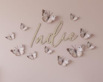 Whimsical Paper Butterfly Wall Set with 20" Name Sign – Laser Cut Acrylic or Wood – Custom Colour Nursery Decor – Bedroom Butterflies Art