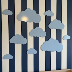 Puede incluir: Decoraciones de pared en forma de nube azul claro de varios tamaños, montadas en una pared a rayas. La pared tiene rayas verticales alternas en azul marino y blanco roto. Las nubes son de un azul pastel suave.