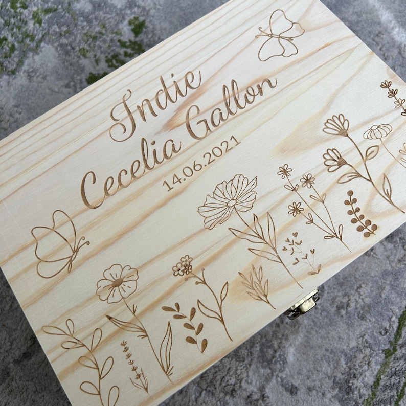Personalised Wooden Memory Box | Wildflower Design | Engraved Keepsake ...