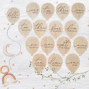 Placas de hitos con globos para bebés: 16 marcadores mensuales de madera, cortadas y grabadas con láser, accesorios para fotos de recién nacidos, regalo para baby shower, personalizables.