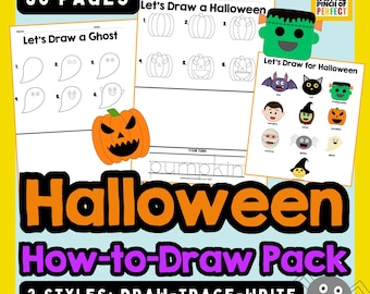 Halloween Dirigierte Zeichnung Pack: Schritt-für-Schritt Zeichnung, Rückverfolgung & Schreiben von Seiten für Kinder Klassenzimmer Homeschool Printables