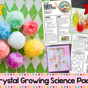 May include: A colorful science kit for growing crystals. The kit includes instructions, worksheets, and a variety of colorful crystal shapes. The text on the instructions reads "Growing Borax Crystals".