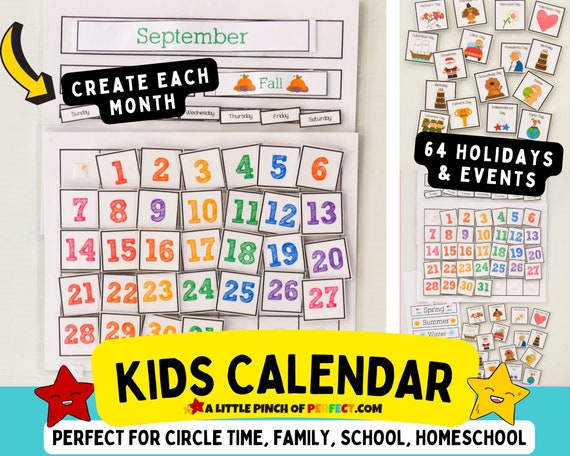 Interactive kids printable calendar for home or classroom: use for years -  etsy