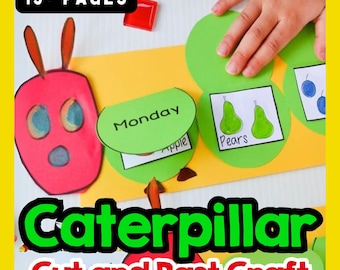 Hungrige Raupe inspirierte Cut & Paste Bastelvorlage für Kinder | Vorschulaktivität druckbar