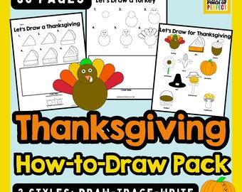 Thanksgiving gerichtete Zeichnung Paket: Schritt-für-Schritt-Zeichnen & Schreiben von Seiten für Kinder Klassenzimmer Homeschool Printables