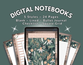 Digital Planning Notebooks ~ 5 Styles Included ~ Lined, Blank, Bullet Journal, Checklist & Square Grid