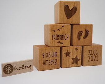 Holzwürfel mit individueller Gravur - Geschenk zur Geburt, Taufe, Geburtstag, Hochzeit, ....