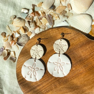 May include: A pair of dangle earrings featuring a sand dollar design. The earrings have a two-tiered design with a gold-colored post and a light beige and white color scheme. The earrings are displayed on a wooden surface with seashells in the background.