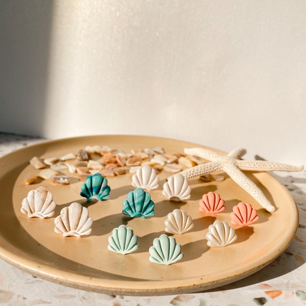 seashell studs | polymer clay earrings | ocean beach jewelry