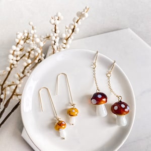 Glass Amanita Mushroom long dangle earrings