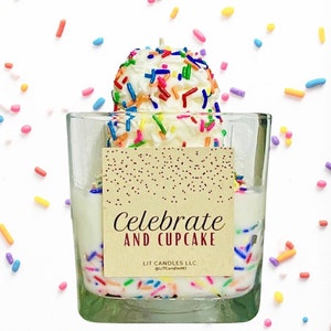 Celebrate & CUPCAKE Whipped Cream Rainbow Sprinkles Birthday Soy Candle (16 oz)