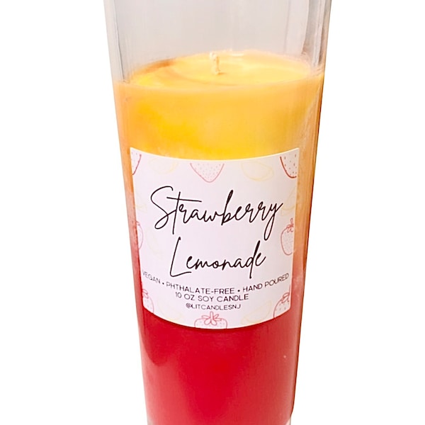 Strawberry Lemonade Scented Vegan Soy Candle in Reusable Glass Cup (10 oz)