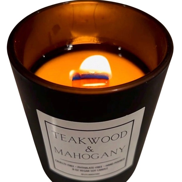 Wood & Mahogany Scented, Crackling Wooden Wick, Gift for Couple, Black Vegan Soy Candle (8 oz)