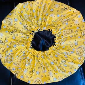 Satin Bonnet (Yellow Bandanna FroSak) Double Layer Satin and  Cotton Bonnet for Natural Curly Hair