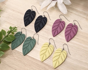 Boho Leaf Dangle Earrings, Titanium, Handmade Polymer Clay