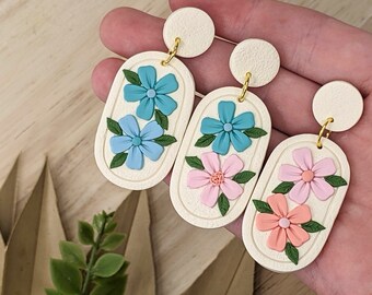 floral clay earring, titanium earrings, handmade clay earrings, botanical earrings, blue and pink floral earrings, jewelry gift for sister