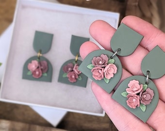 Green and pink floral earrings, polymer clay earrings, titanium earrings, handmade floral earrings, jewelry gift for friend, dangle earrings