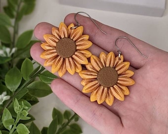 Handmade spring floral earrings, clay sunflower earrings , titanium earrings, sunflower dangles, botanical jewelry, gift for girlfriend