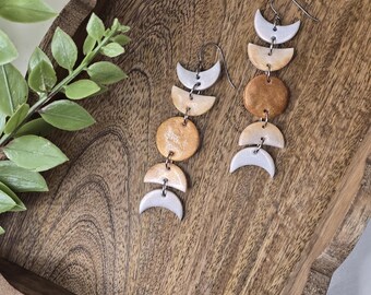 Gold and white ombre earrings. Polymer clay earrings, titanium earrings, moon phase dangle earrings