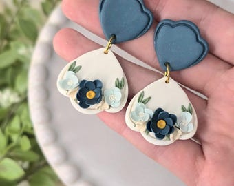 scallop seashell floral earrings, polymer clay earrings, titanium earrings, purple floral dangle earrings, teal earrings, jewelry gift for