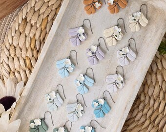 Handmade Polymer Clay Floral Leaf Titanium Dangle Earrings