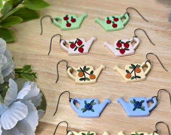 Polymer Clay Fruit Watering Can Earrings, Titanium Hooks