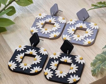 Big daisy square earrings, black polymer clay earrings, titanium earrings, floral jewelry, flower accessories, cute gift for girlfriend