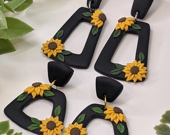 sunflower earrings dangle, black polymer clay earrings, titanium earrings, handmade floral earrings, sunflower jewelry, cute gift for friend